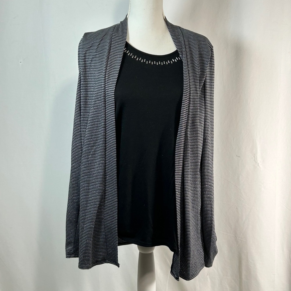 Womens Black Silver Stripe Knit Cardigan Sweater Top Set Embellished Neckline